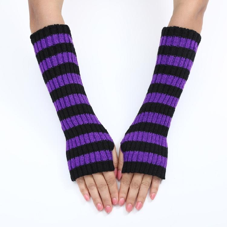 Teenagers Winter Half Finger Mitten Stripe Pattern Knit Keep Warm Lengthen Wrist