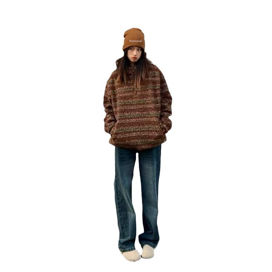 Men's Oversized Japanese Retro Striped Woolen Half-Zip Hoodie Sweater for Autumn/Winter