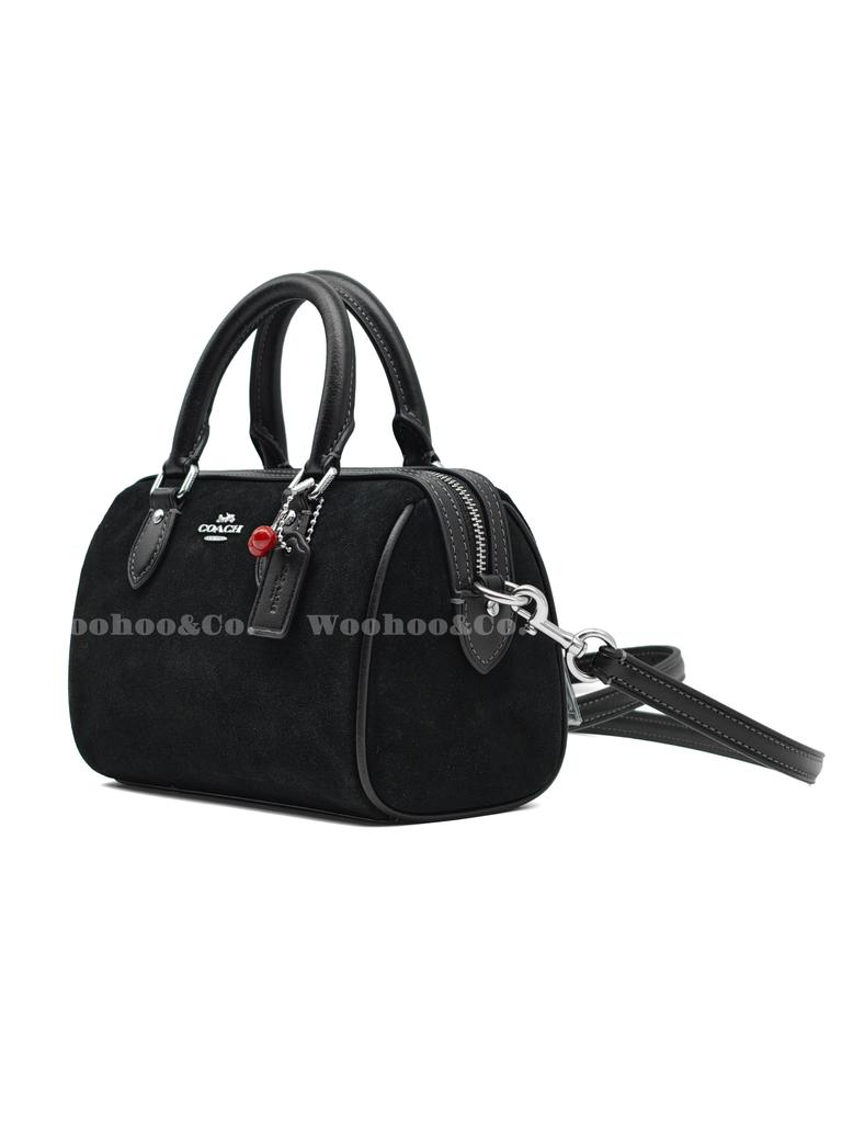 Coach Mini Torba Satchel Rowan, Czarna Skóra Zamszowa z Wiszącym Wiśnią, Damska Torba Crossbody, Codzienna Casualowa na Podróże Zakupy CDC93-SVBK