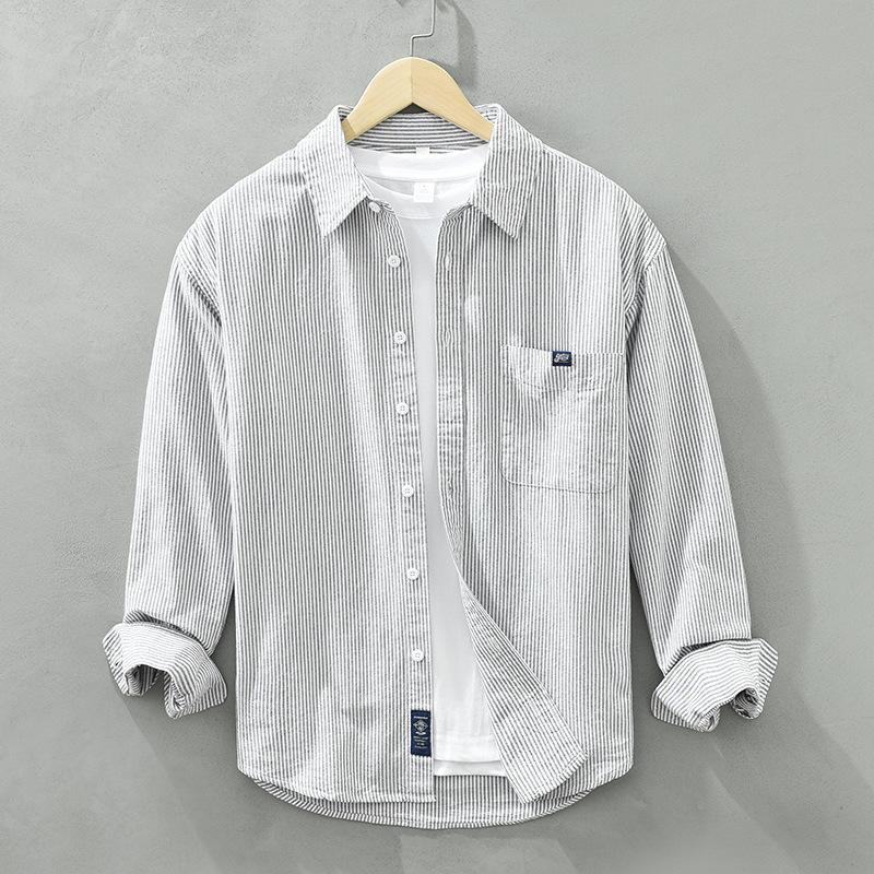 Japanese Style Stripes Long Sleeve Shirts for Men Spring and Summer 100 Cotton Men's Casual Shirt