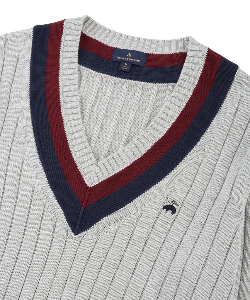 BROOKS BROTHERS Cotton Tennis V-Neck Sweater (Grey) (Bbwtmf8474Wes)