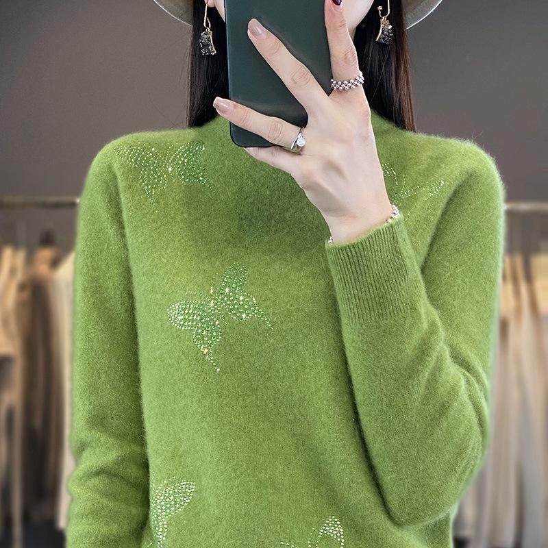 2024 Women's Seamless Half-High Collar Slimming Sweater with Rhinestone Butterfly Design