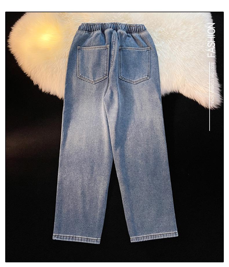 Women's Fleece-lined Straight-Leg Jeans, Petite Wide-Leg, Elastic Waist, Cotton, 2025 New Winter Style, Ideal for Autumn and Winter