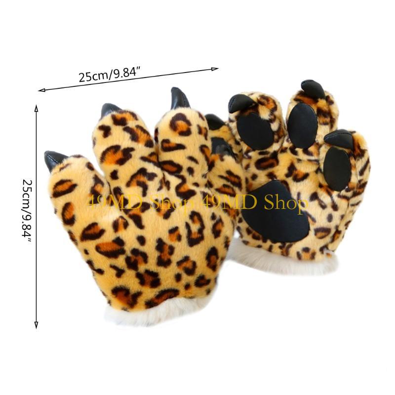 49MD Adult Kids Simulation Leopard Paw Plush Gloves Animal Stuffed Padded Hand Warmer Cosplay Costume Mittens