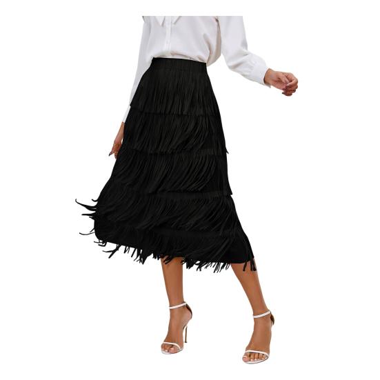 Spódnica midi damska z elastyczną talią w kształcie litery A, frędzle, średniej długości, jednokolorowa, do wypoczynku, na plażę i do podróży