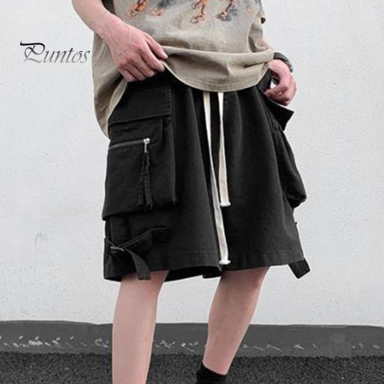 Men Cargo Shorts Elastic Waist Adjustable Drawstring Sport Shorts with Multi Pockets Wide Leg Casual Shorts