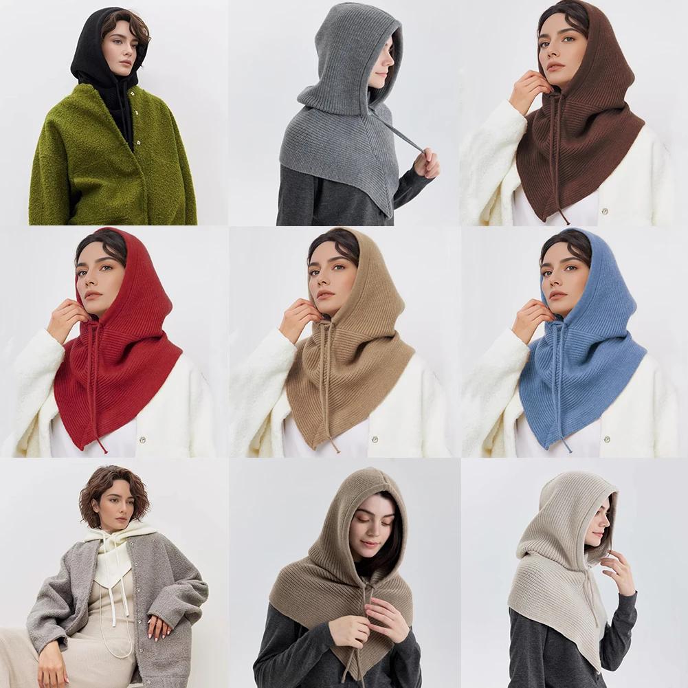 Winter Balaclava Hat Scarf for Women Warm Knitted Hooded Caps Outdoor Warm One-Piece Neck Collar Beanies Hats for Girls