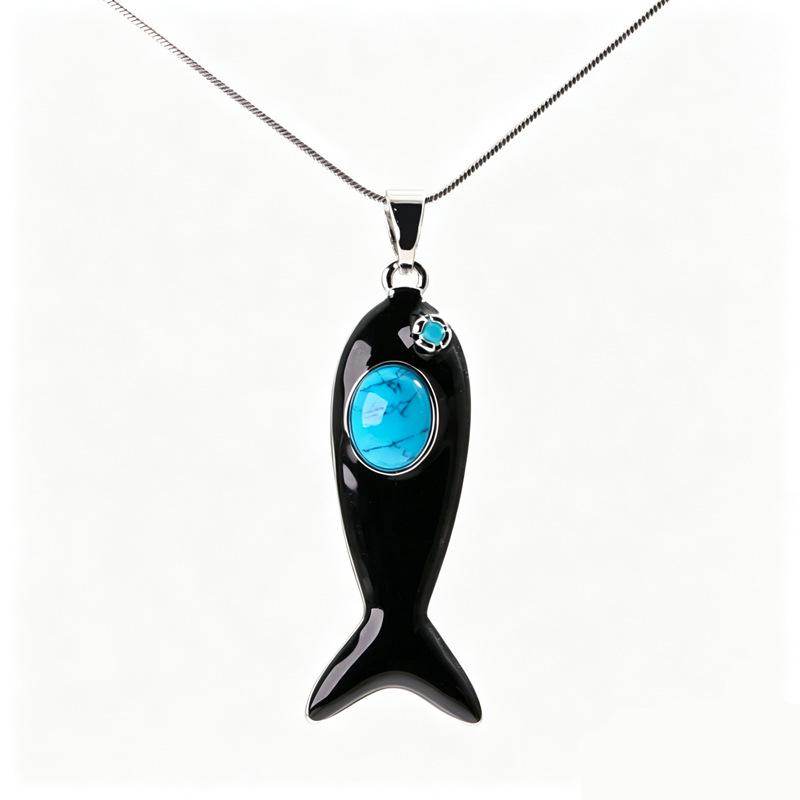 Enamel and Natural Stone Fish Pendant Necklace with Clavicle Chain