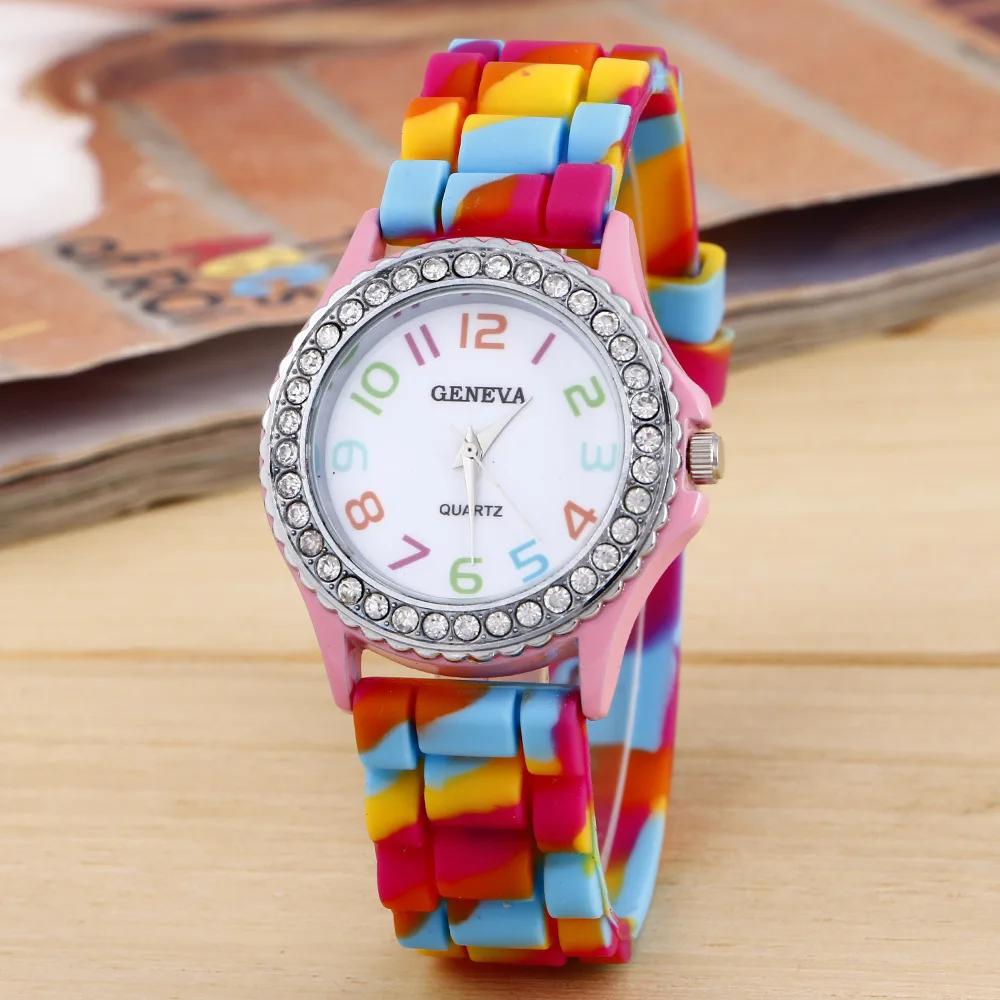

New Rainbow Fashion Women Watches Luxury Camouflage Diamond Women Quartz Watch Girl Silicone Waterproof Dress Watch Female Clock