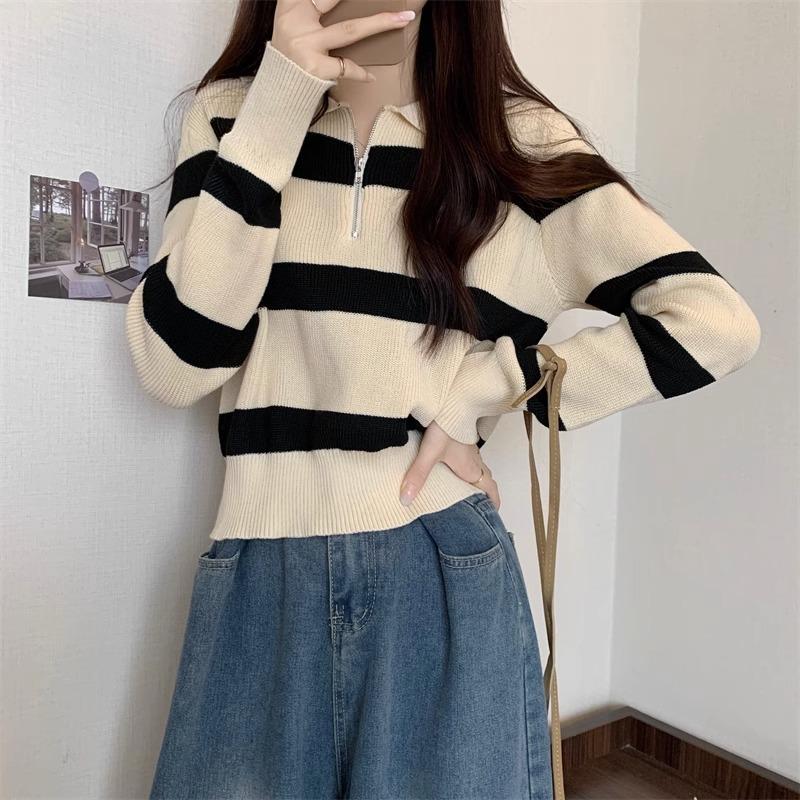 Bottom Shirt Autumn Winter Loose Polo Collar Striped Sweater New Design Zipper Short Top for Women