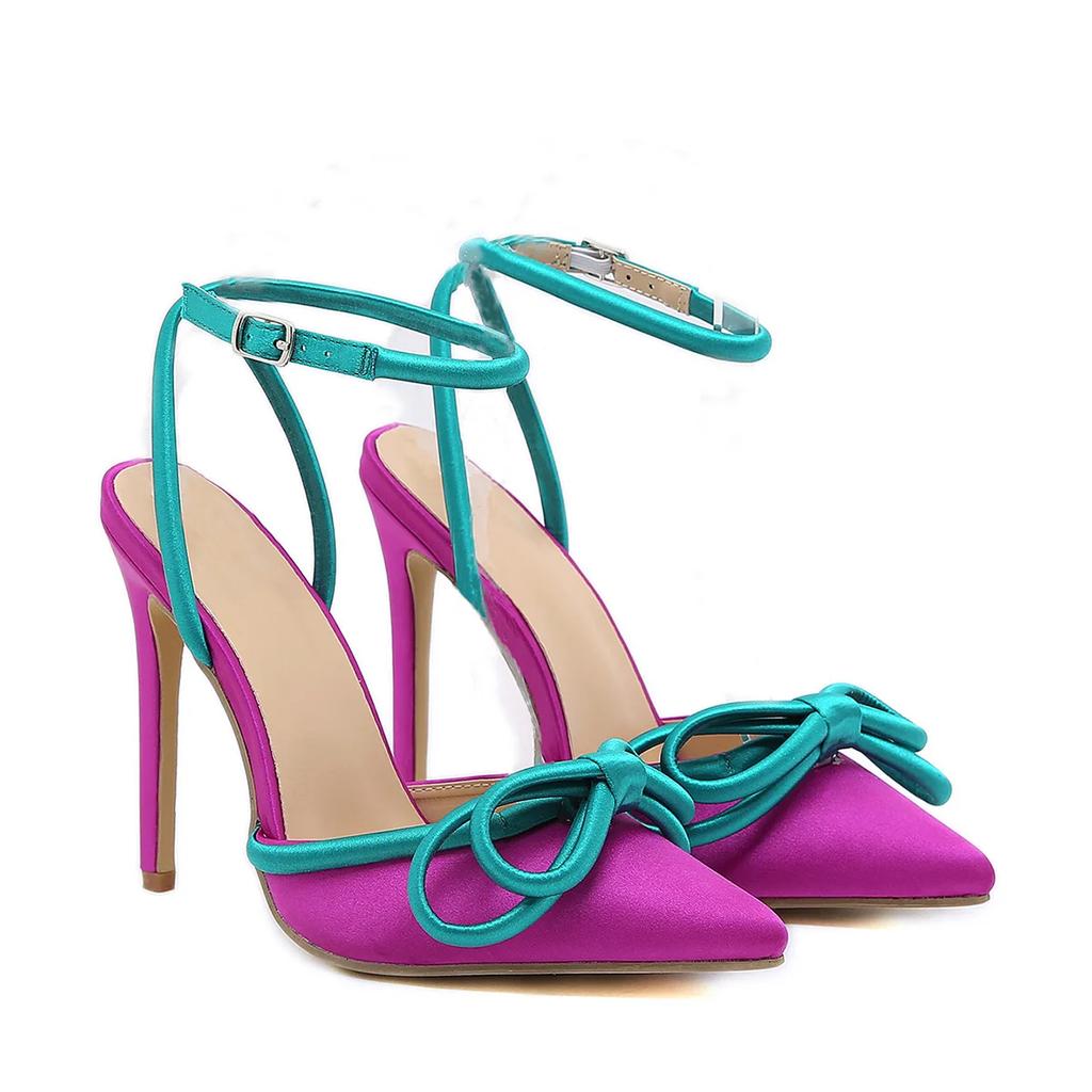Fashion Black/Purple Women Pointed Single Shoes New Bow Shallow Mouth Catwalk Thin Heel Bag Head High Heel Sandals