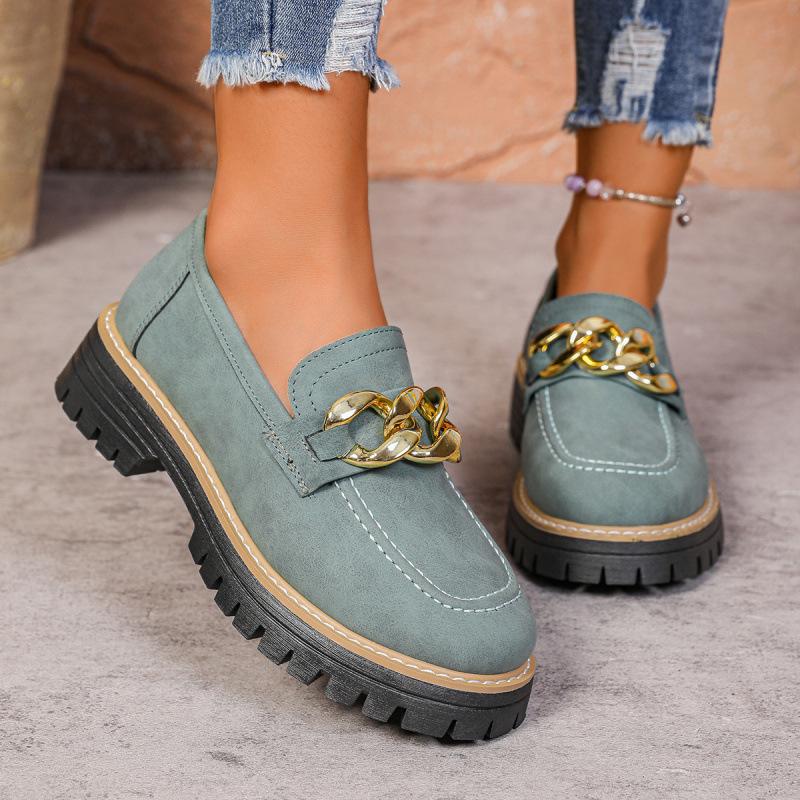 Large size women's autumn new metal chain decorative British style single shoes women