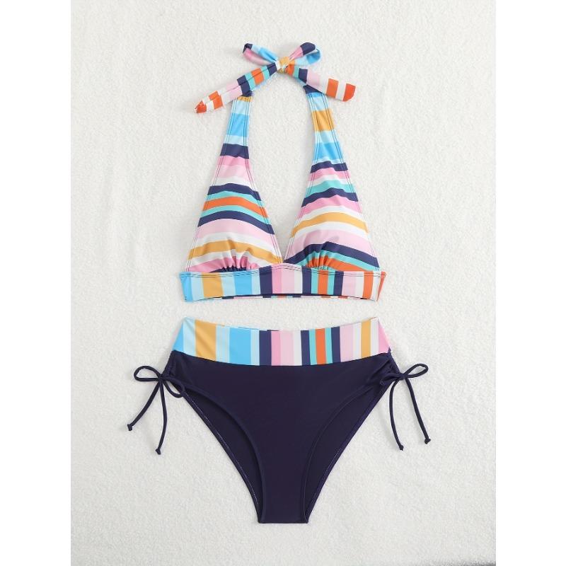 Rainbow Stripe Halter Bikini Set High Waist Color Block Two Piece Swimsuit