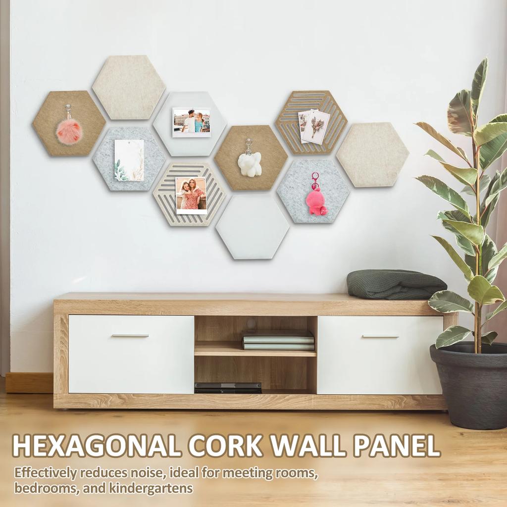 10Pcs Hexagon Felt Cork Bulletin Board Tile 11.8" x 10.2" High Density Adhesive Pinboard with Push Pin Noise Reducing for Home