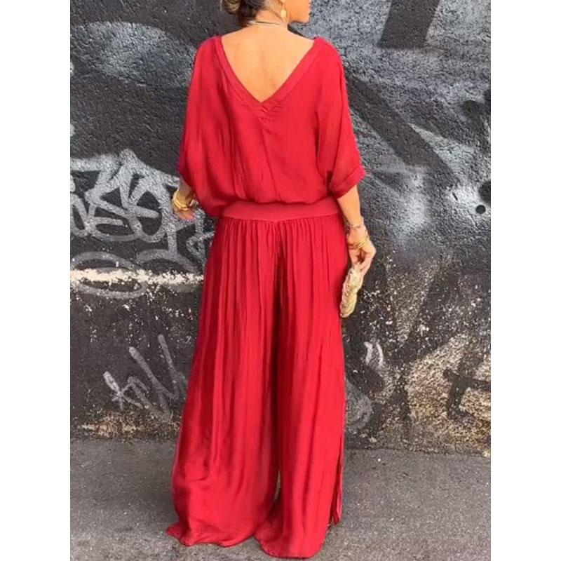 Women's Sexy V-neck Short Sleeved Top And Wide Leg Pants Sets Summer Chiffon Casual Outfits Casual Loose Street Two Piece Sets