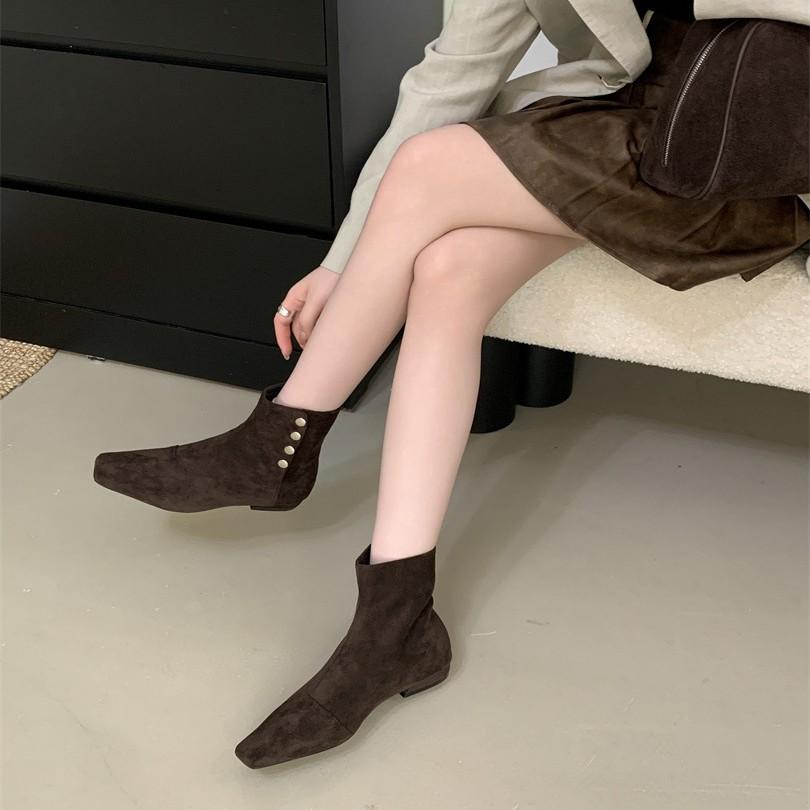 Women's shoes real shot suede square head side zipper thick heel small short boots elastic boots Martin boots thin boots comfortable
