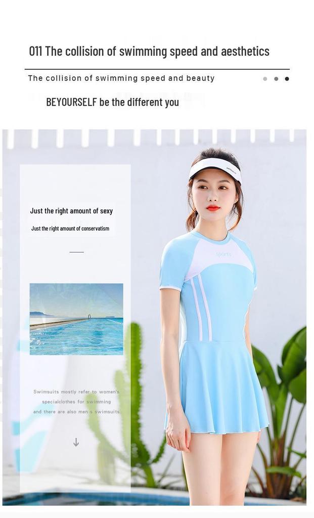 2026 Women's Conservative Slimming One-Piece Short Sleeve Swimsuit, Hot Spring Plain Patchwork, Customizable Swimwear.