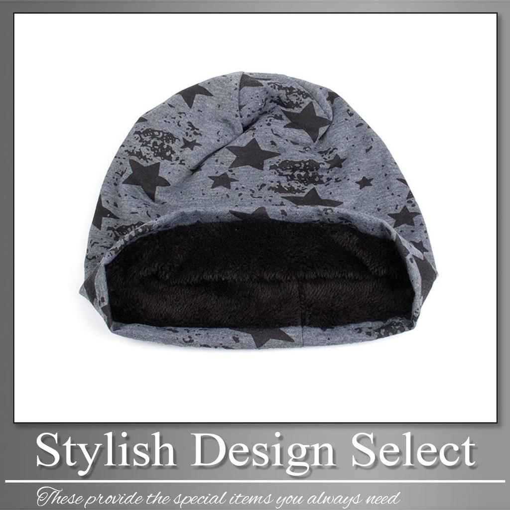 BUZZxSELECTION Men's CAP170 (Dark Gray) Knit Cap with Star Design, Fleece-Lined, Perfect for Fall and Winter