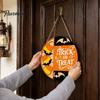 Wooden Hanging Decor Halloween Trick or Treat Door Sign, Retro Round Bat Silhouette Ornament Plaque for Home Front Wall & Party Decoration Atmosphere