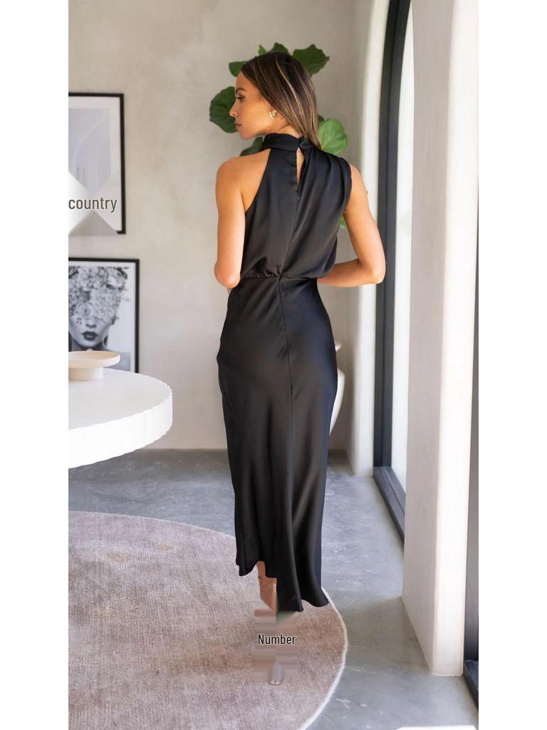 2023 Sommer Ärmelloses Neckholder Satin Kleid – Elegante Einfarbige Damenbekleidung
