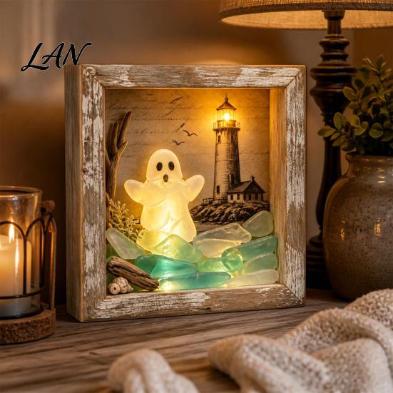 Small Halloween Figures Lighted Frame Ornaments, Light Up Shadow Box, Warm Festive Party Supplies Atmosphere LED Lights for Home Living Room