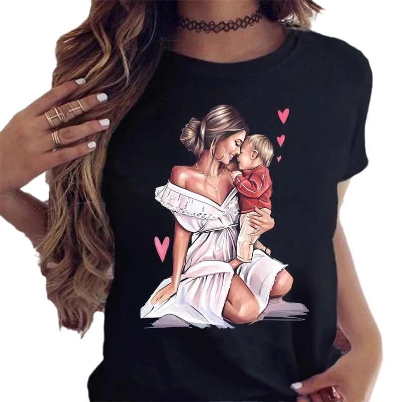Women's T-Shirt Cartoon Mom and Son Shirt Fashion Printed Casual Women's T-Shirt Women's T-Shirt