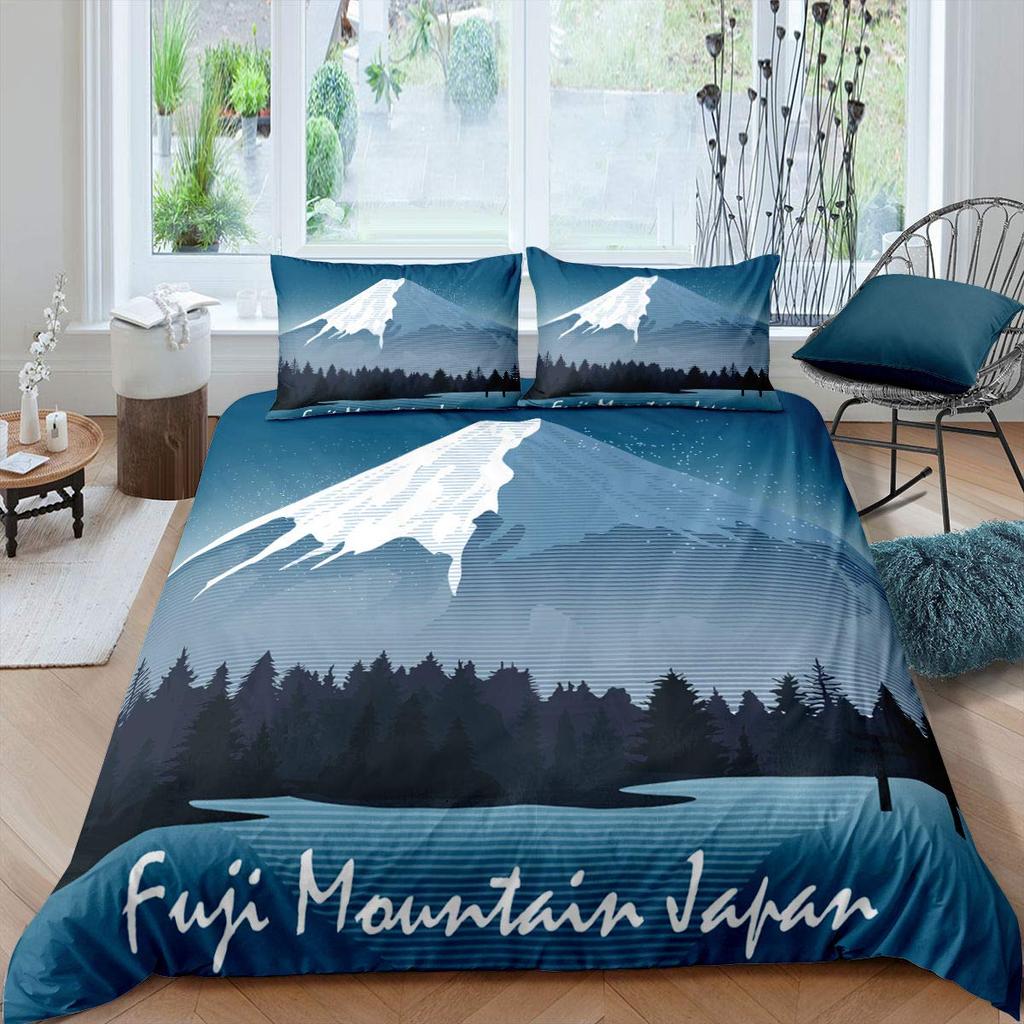 Japanischer Stil Weiche Bettbezug-Set für Mädchen Polyester Berg Fuji Warme Deckenbezug Kirschblüten Blume Tinte Hplus Gemalt Bequemer Bettdeckenbezug