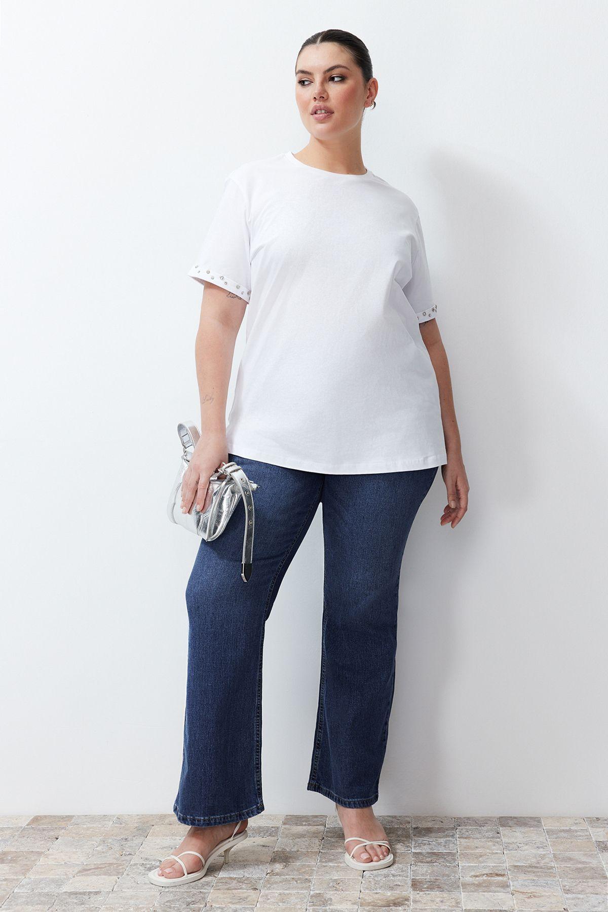 

Women s Style Plus Size White Stone Detailed Boyfriend Knitted T-shirt
