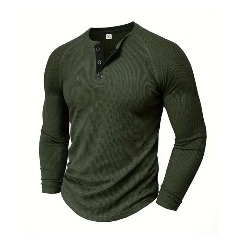 Męskie koszulki polo henley z dzianiny waflowej, z długim rękawem, gładkie, codzienne, sportowe, topy