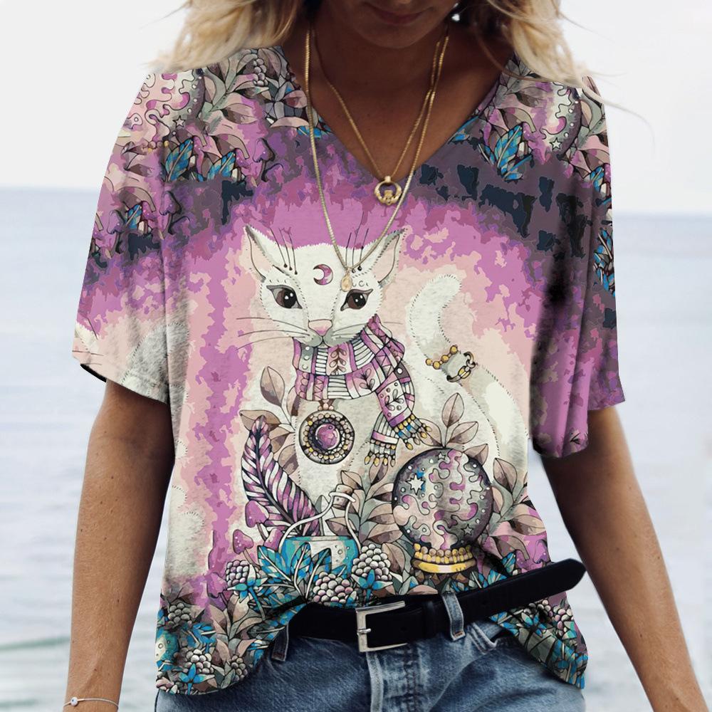 2025 Summer New 3D Cat Print Tee Loose Retro Women's V-neck Short Sleeved Street Style T-shirt Casual Top