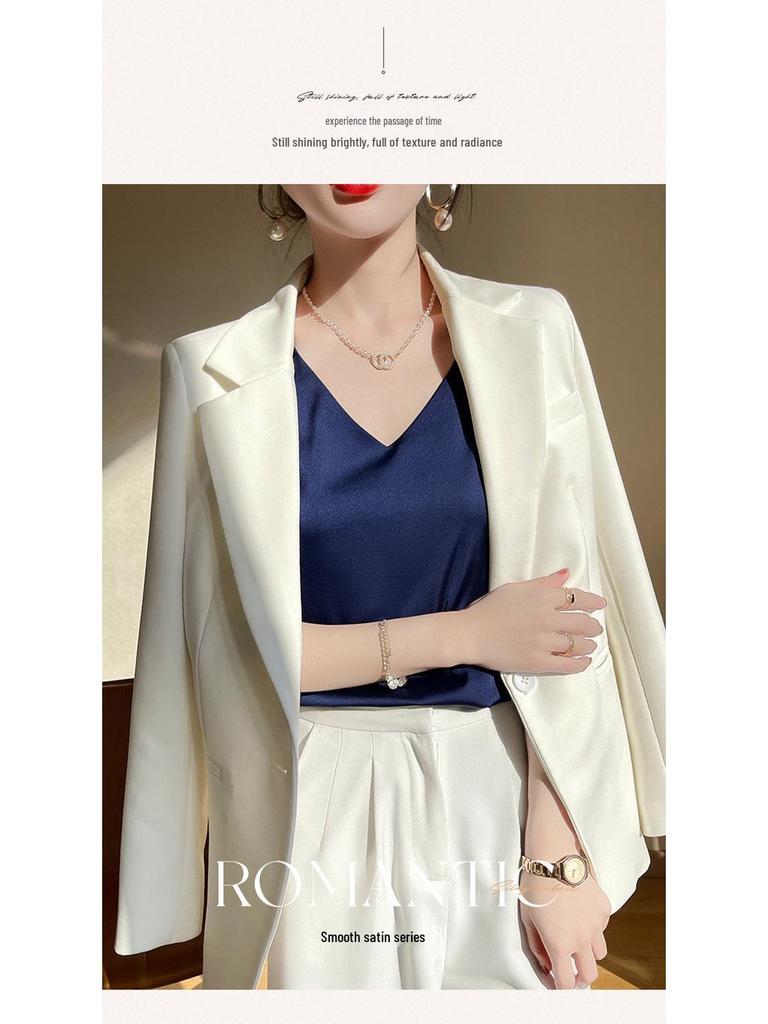 Women's V-Neck Silk Satin Camisole Top - Sleeveless Triacetate Base Layer for Spring.