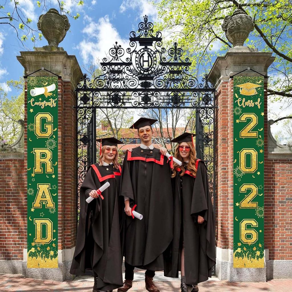 Green and Gold Graduation Decorations Class of 2026 Hanging Grad Banner - green Gold Congrats Grad Banner Porch Sign for Front Door, Graduate Door
