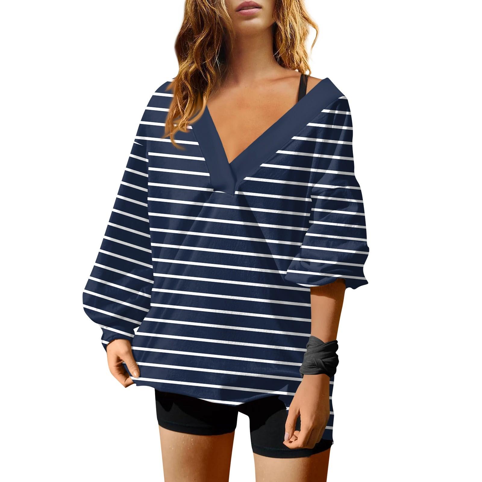 Женская мода полосатый принт V-образный вырез длинный рукав свободный пуловер свитшот — фото 9