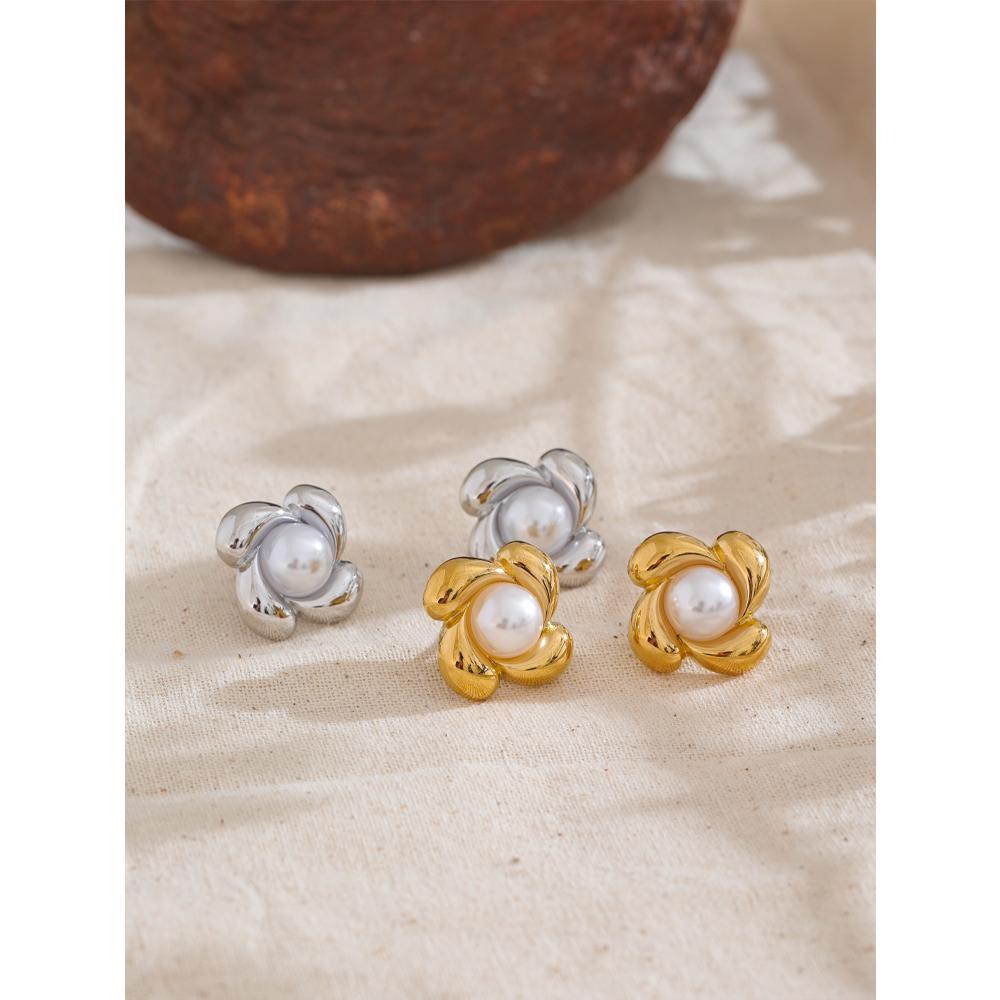 Yhpup Stylish Imitation Pearls Metal Flower Stud Earrings Charm Stainless Steel Rust Proof Versatile Daily Jewelry Accessories