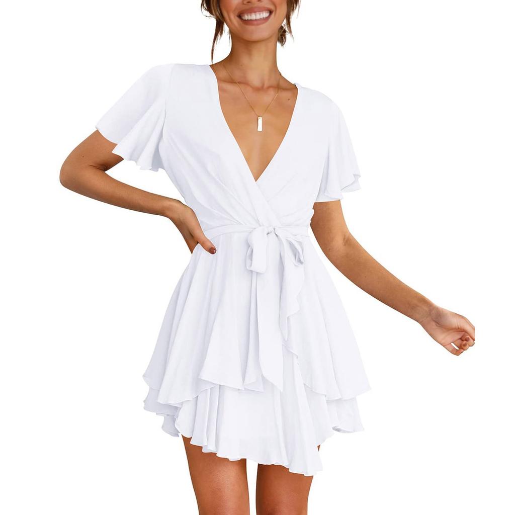 Women's Fashion Casual Color Short Sleeve V-Neck Loose Waist Ruffle Dress