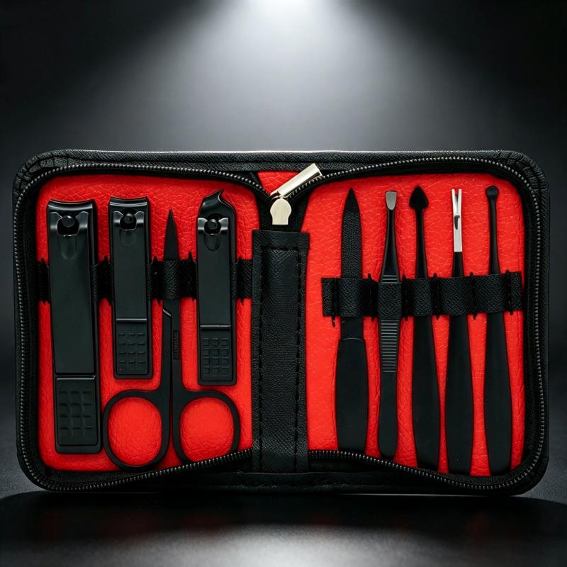 Stainless Steel 9-Piece Manicure & Pedicure Set with Tweezers and Nail Clippers in Black.