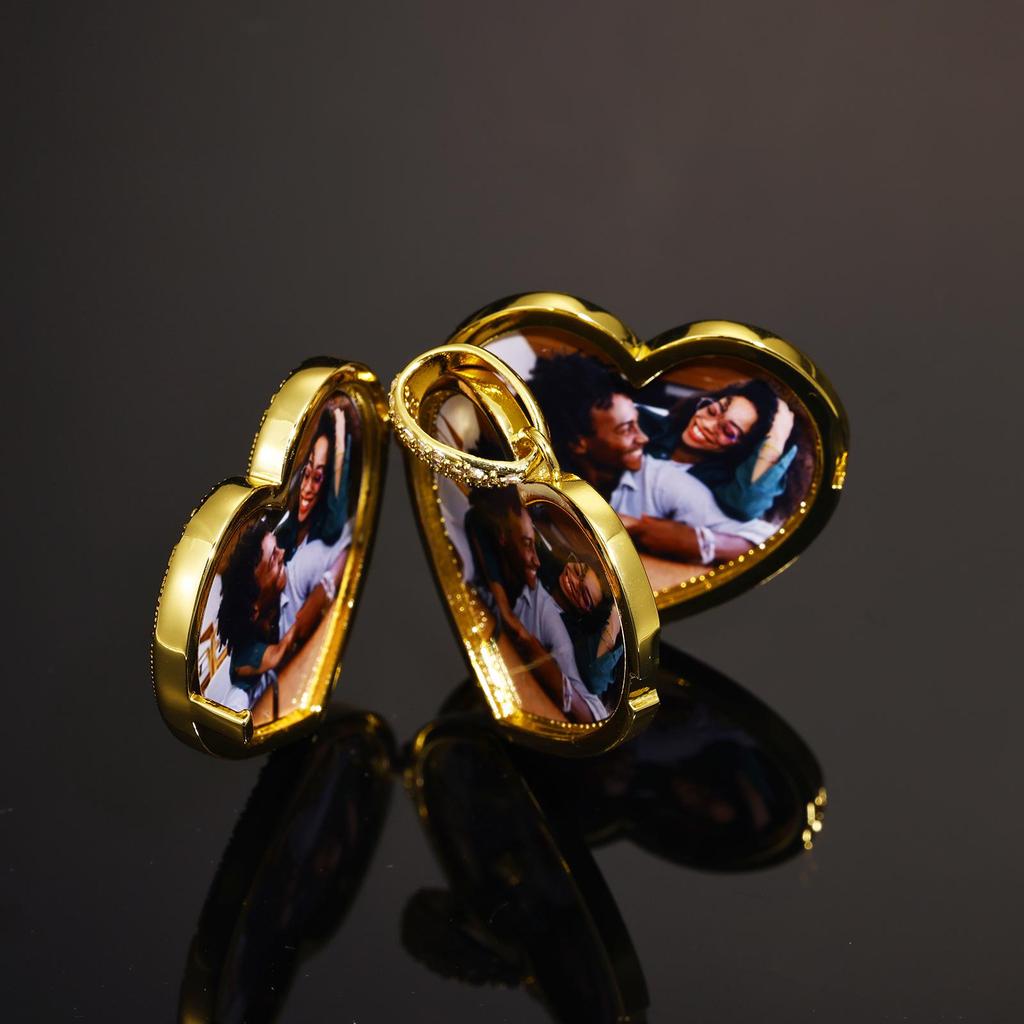 Trendy Heart-Shaped Zircon Photo Pendant Necklace - European & American Hip Hop Style