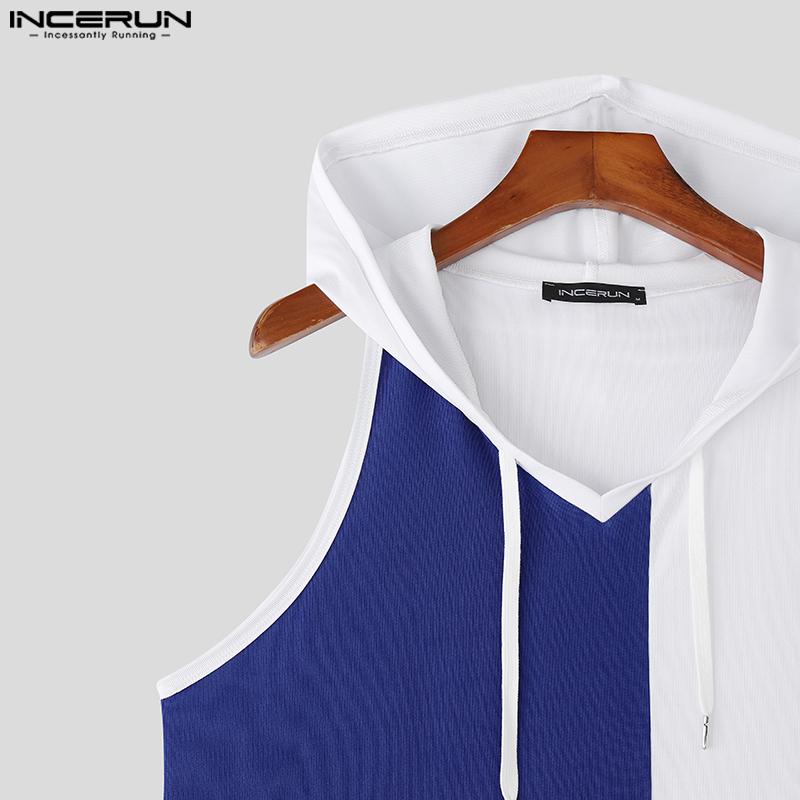 INCERUN Summer Men Sleeveless Stitching Sport Hooded Tank Tops