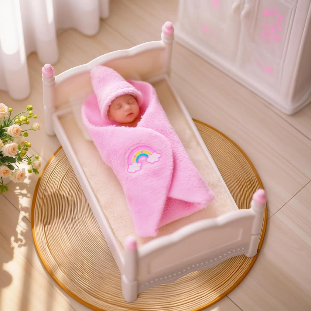 Miniature Silicone Reborn Baby Doll 3Inch Lovely Sleeping Newborns Doll with Furniture Accessories for Kids Roleplaying