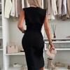 Women Dress Round Neck Sleeveless Slim Fit Summer Dress with Slit Design Solid Color