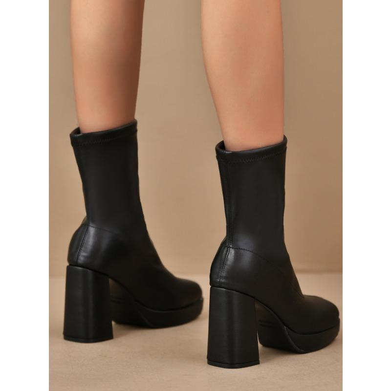 Autumn Winter Women's Fashion Boots Round Toe Rough Heel One Kick Mid-tube Boots All-match Waterproof Platform High Heels Boots