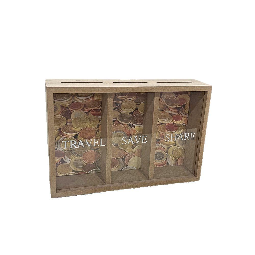Detachable Wooden Money Saving Box with Three Compartments for Travel and Honeymoon, Wall-Mountable Storage Solution