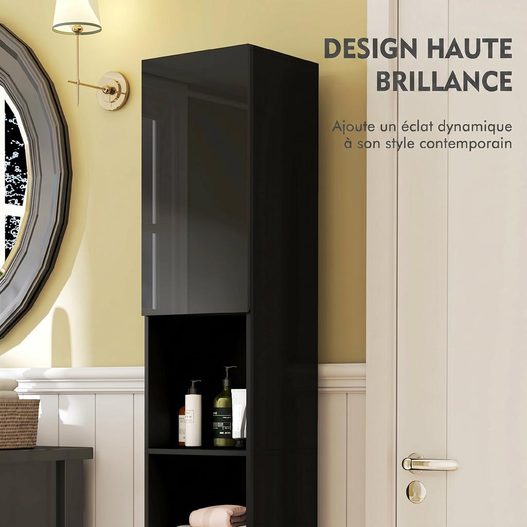 Bathroom Column Cabinet, 2 Cupboards, Adjustable Shelves, 2 Niches, 30 x 30 x 181.5 cm, Black