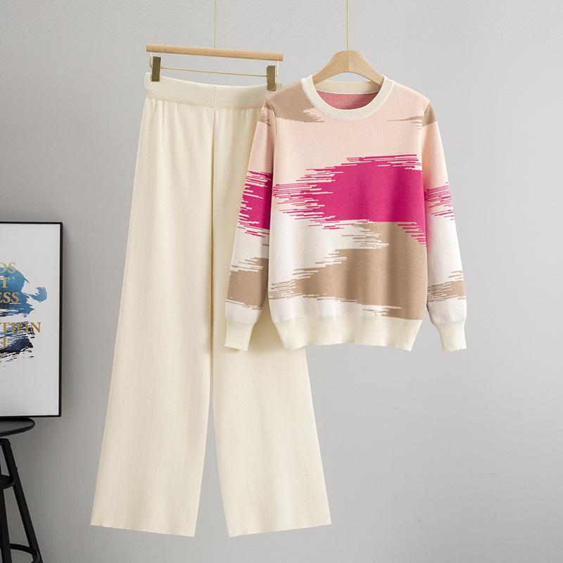 Herbst/Winter 2025 Damen Farbblock-Pullover & Strickhosen Set - Lässige Eleganz