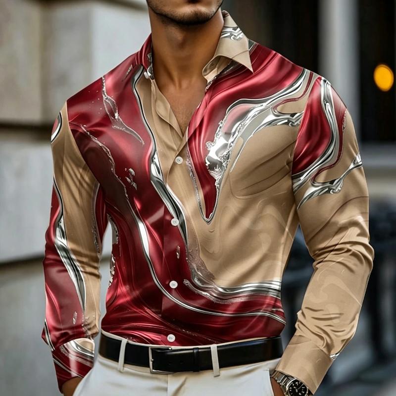 Camisa de Manga Larga Estampada con Arte Fluido de Mármol para Hombre Lujo Resort Nightclub Uso Diario Cuello Botón Top para Hombre Camisa de Moda