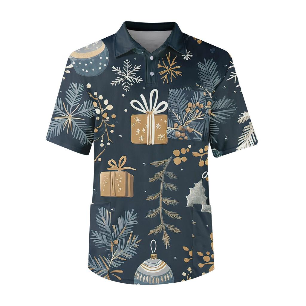 Men's Short Sleeve Button Lapel Christmas Prints Chest Pocket Dry-nurse Top