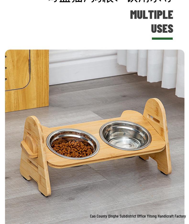 Adjustable Bamboo Cat & Dog Bowl Stand with Double Bowls and Pet Neck Protection