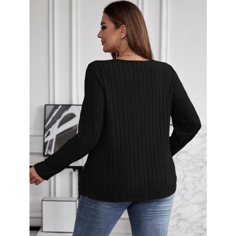 Autumn Winter Solid Color Plus Size Top Cross V-neck Long Sleeved Groove Brushed Pullover T-shirt