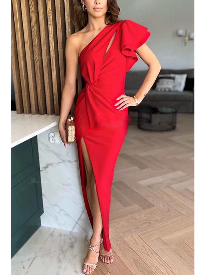 

Европейское и американское женское вечернее платье на одно плечо с вырезом, рукавами-рюшами и разрезом - однотонное 8082 Extra Large красный