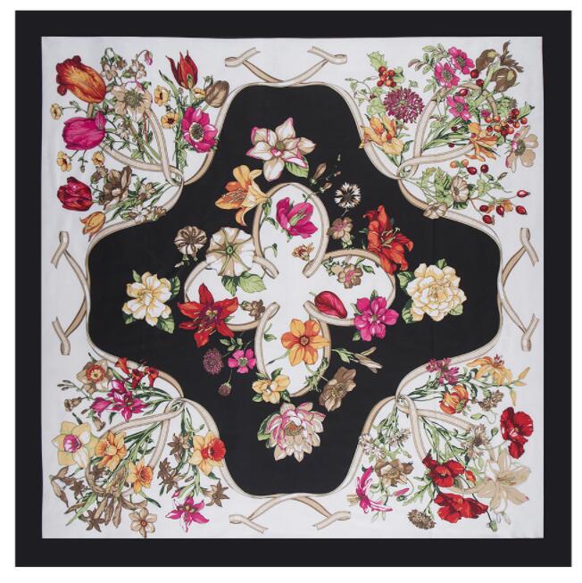 Luxury Brand 100% Twill Silk Scarf For Ladies Floral Square Scarf  New Design Print Kerchief Woman Neck Shawl Wraps Echarpe